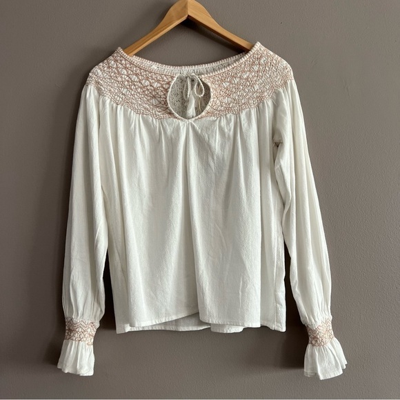 Faherty Laura Embroidered Tie Neck Top Whisper White Boho Gauze Size XSmall - Picture 1 of 11